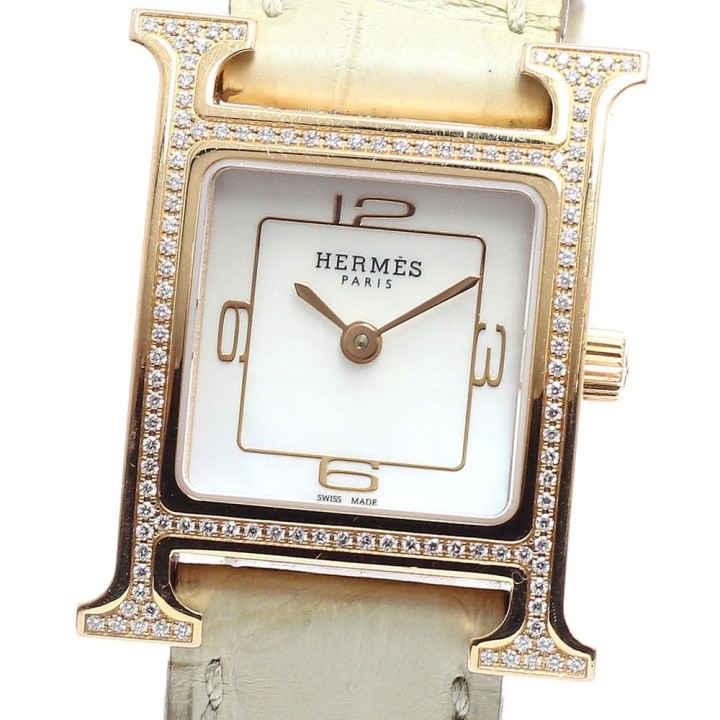 HERMES エルメス HERMES HH1.273c Hウォッチ K18PG ダイヤベゼル シェル文字盤 クォーツ レディース_970504